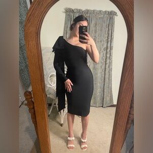 NWT black cocktail dress super stretchy size S bow on shoulder - giant bow.